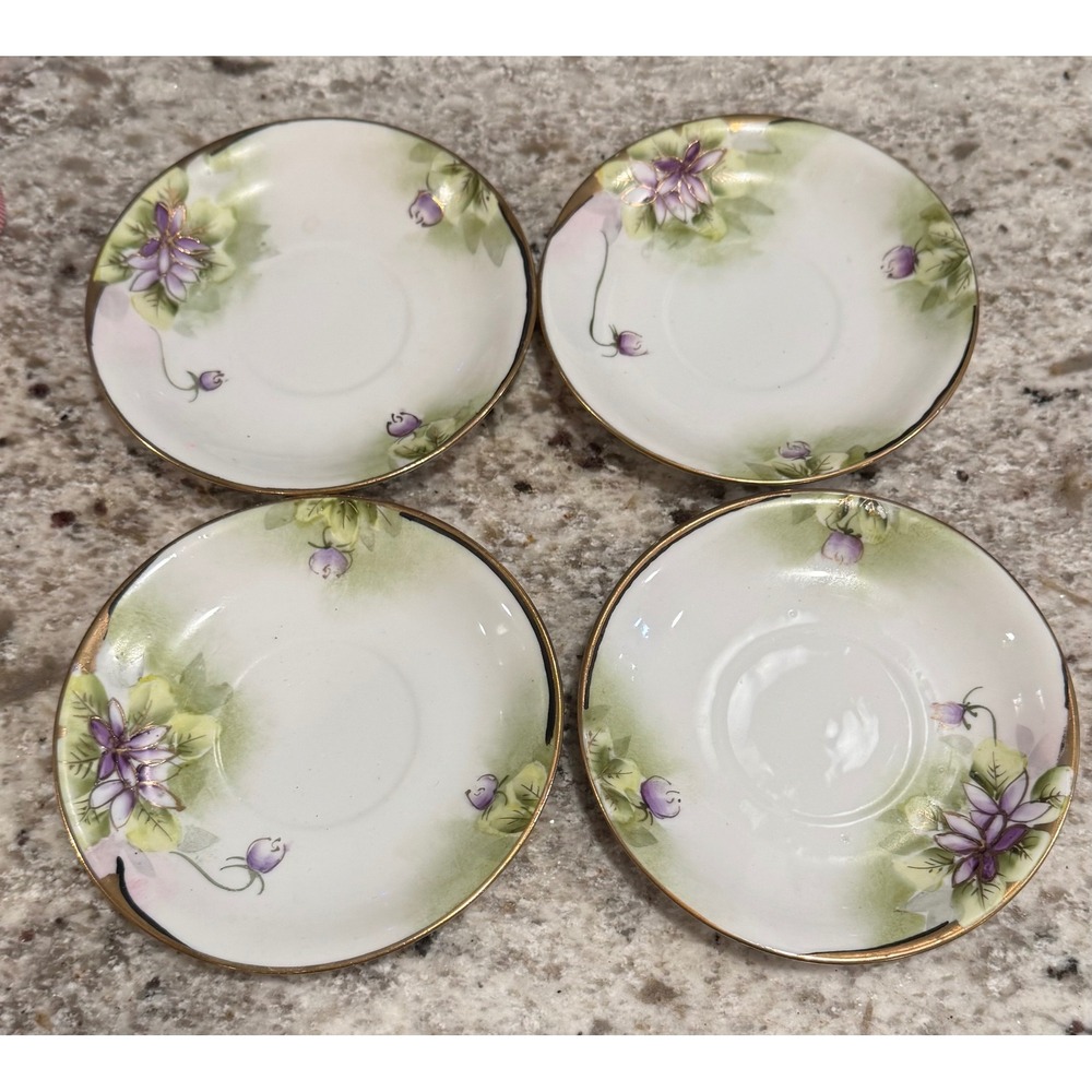 Set of 4 Vintage Hand Painted Nippon Porcelain Saucers purple flower